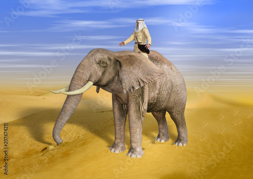 3D Illustration of Desert Adventurer Riding Elephant on Sunny Day