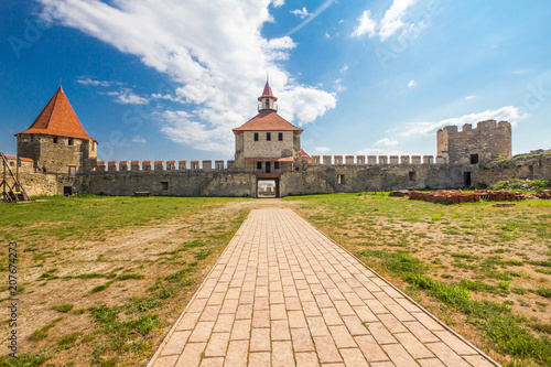 Old fortress on the river Dniester in town Bender, Transnistria. City within the borders of Moldova under of the control unrecognized Transdniestria Republic in summer sunny day. photo
