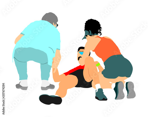 Doctor rescue first aid vector illustration. Patient man collapsed in unconscious on street. Sneak attack victim rescue. CPR rescue team, doctor and paramedic resuscitating. Victim of fire. Drowning.