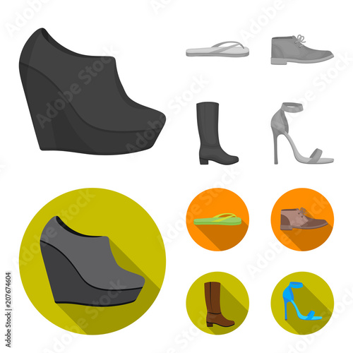 Autumn black shoes on a high platform, flip-flops green for relaxation, sandy men autumn shoes, high brown boots. Shoes set collection icons in monochrome,flat style vector symbol stock illustration