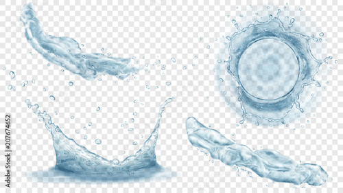 Top view and side view of translucent water crowns with drops and two splashes or jets in gray colors, isolated on transparent background. Transparency only in vector format