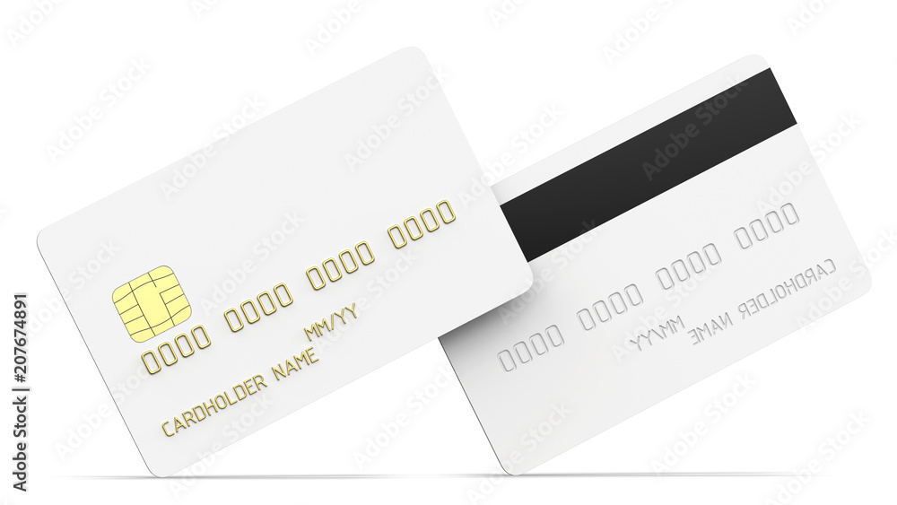 Debit plastic card or credit card, white with gold symbols. 3D render of blank white double-sided template for mock up and presentation design. Isolated on white background