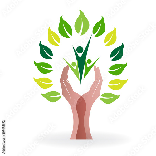 Logo tree with care hands teamwork people symbol icon
