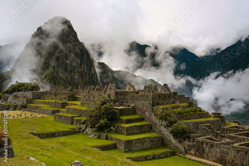 View of the ancient Inca City of Machu Picchu. The 15-th century Inca site.'Lost city of the Incas'. Ruins of the Machu Picchu sanctuary. UNESCO World Heritage site.