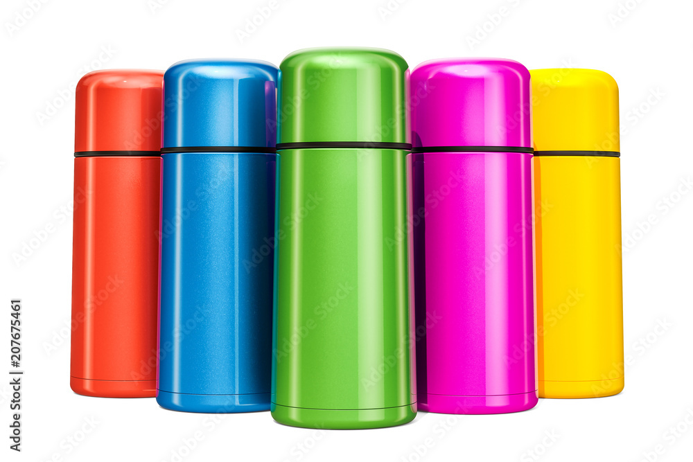 Set of colored thermos, 3D rendering