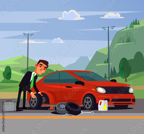 Office worker businessman man character changing fixing car wheel. Transportation road broke problems flat cartoon illustration graphic design concept element