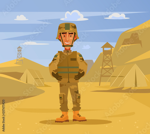 Happy smiling soldier man character standing on camp background. Military war flat cartoon illustration graphic design concept element