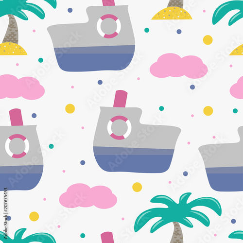 Cute seamless childish pattern for kids in scandinavian style with ferry and palm.