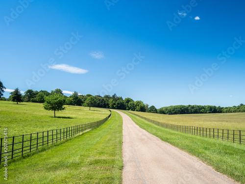 A road running between green fields or meadows beneath a blue sky photo