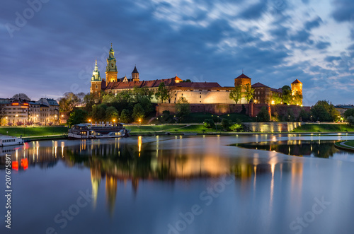 Wawel Castle in Krakow, Poland, seen from the Vistula boulevards in the morning photo