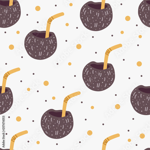 Cute seamless childish pattern for kids in scandinavian style with coconut drink.