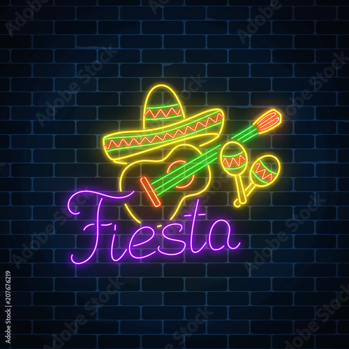 Glowing neon fiesta holiday sign. Mexican festival flyer design with guitar, maracas and sombrero hat.