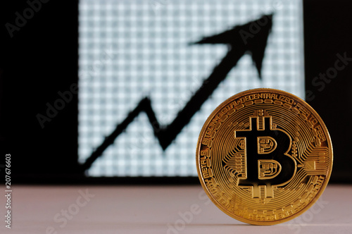 Virtual currency ok computador grafic, Bitcoin gold coin and printed encrypted money with QR code. Cryptocurrency concept