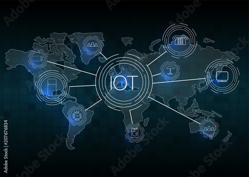 Internet of things (IOT), cloud at center, devices and connectivity concepts on a network.
