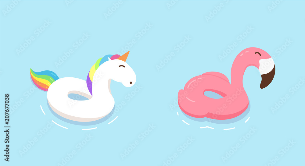 Rainbow unicorn and flamingo float rings. Vector flat hand drawn doodle illustrations. Summer, holidays, vacation beach and pool design.