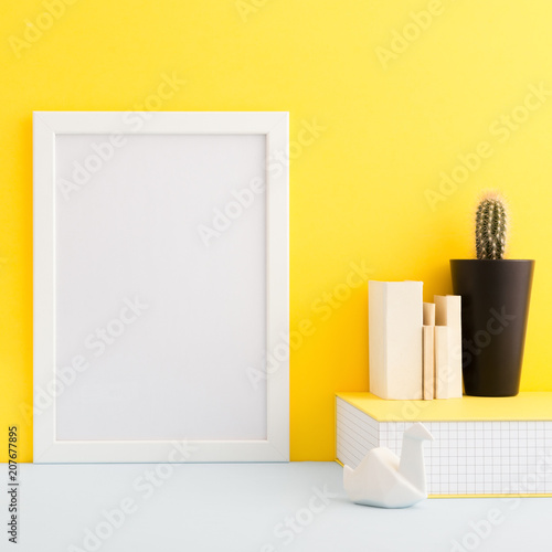 Yellow desk with supplies. Mock up.	 photo