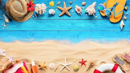Beach Accessories On Blue Plank And Sand - Summer Holiday Background
