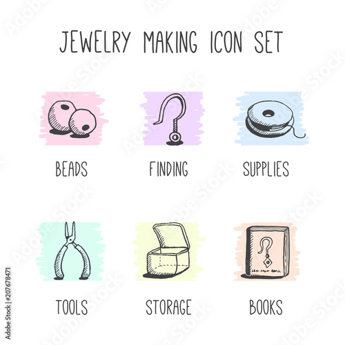 Vector set of hand-drawn icons for hobby of jewelry making, includes tools, beads and other supplies.