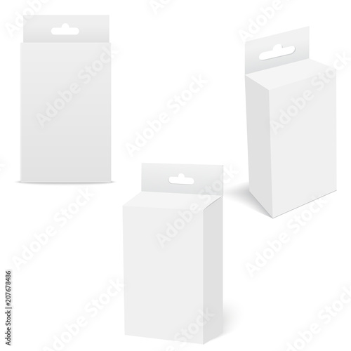 White Product Package Box With Hang Slot. Mock Up. Vector.