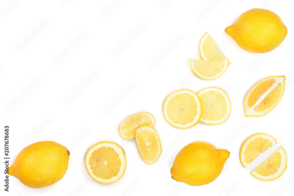 Lemon isolated on white background. Seamless pattern with fruits with copy space for your text. . Top view. Flat lay