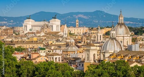 Rome skyline as seen from Castel Sant'Angelo, with the dome of Saint Agnese Church, the Campidoglio and the Altare della Patria monument.