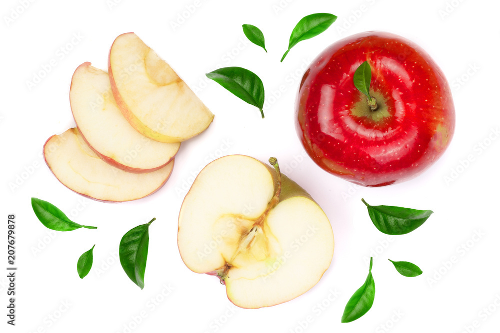 Naklejka premium red apples with slices and leaves isolated on white background top view. Set or collection. Flat lay pattern