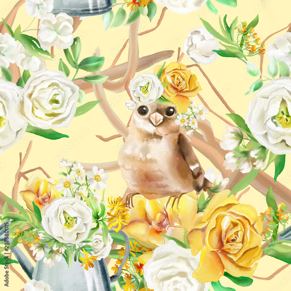 Naklejka premium Beautiful watercolor flowers seamless pattern on beige background with rustic garden watering can and cute bird in floral crown. Yellow flowers - roses, peonies, marigolds and camomille