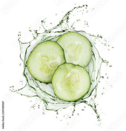 Cucumber slices rotate in splashes of juice on white background