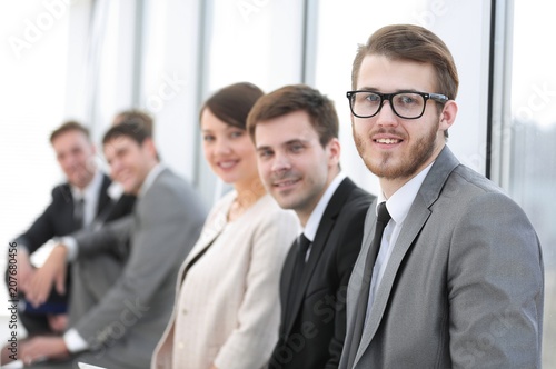 group of business people in office lobby
