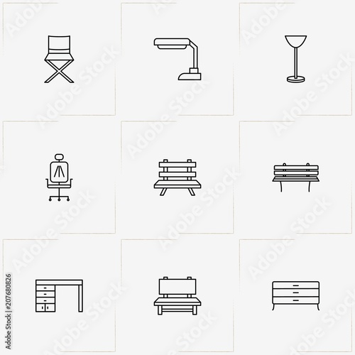 Furniture line icon set with chest of drawers, office desk  and office chair