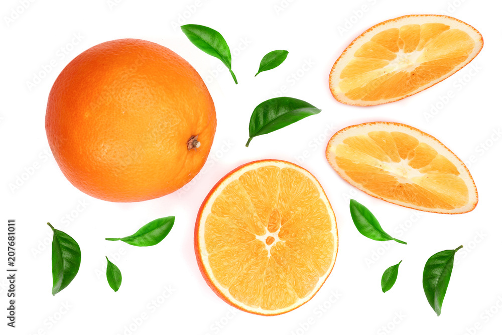 Orange with slice and leaf isolated on the white background. Flat lay pattern. Top view Orange with slice and leaf isolated on the white background. Flat lay pattern. Top view