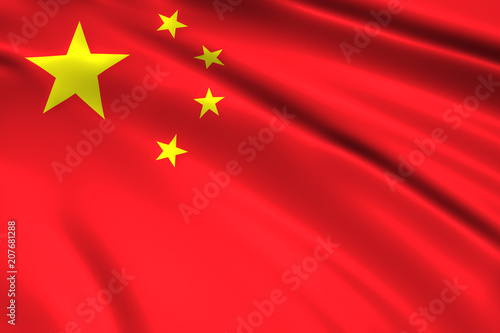 Flag of republic China waving in the wind on silk background. Five golden star red flag revolution creation in 1949.