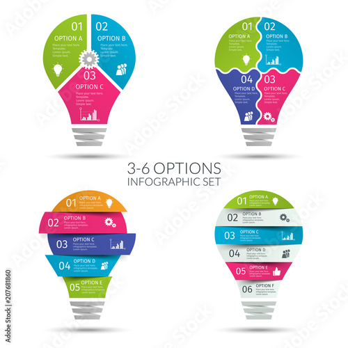 Modern colorful light bulb infographic set. Business concept with 3 4 5 6 options, parts, steps or processes. Template for presentation, chart, graph. Vector illustration