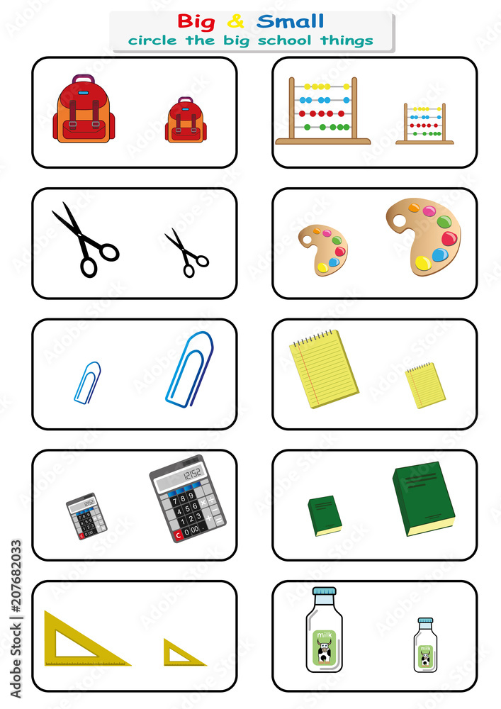 circle the big school things, Find Big or Small worksheet for kids