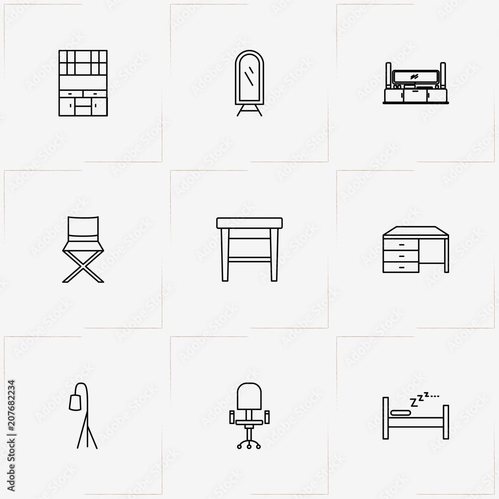 Furniture line icon set with floor lamp, bed and stool Furniture line icon set with floor lamp, bed and stool