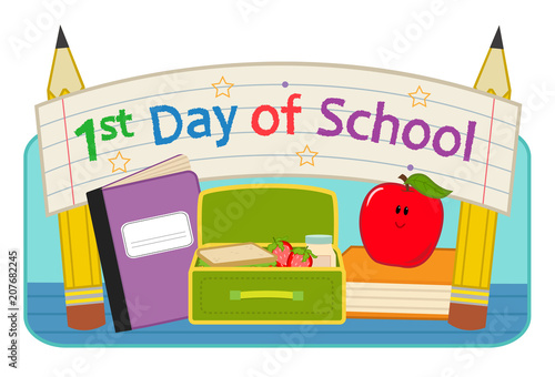 First Day School - Back to school clip-art with lunchbox, notebook, apple and banner that says “First day of school”. Eps10