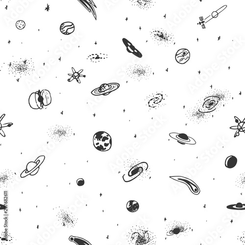 Vector seamless pattern of hand drawn doodle space object on white background