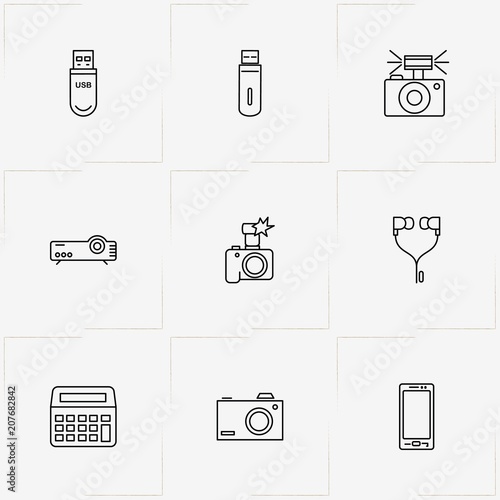 Gadgets line icon set with projector, photo camera and earphones