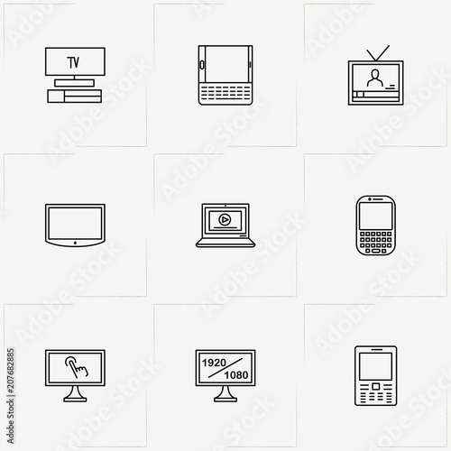 Gadgets line icon set with mobile phone keyboard, television and mobile phone