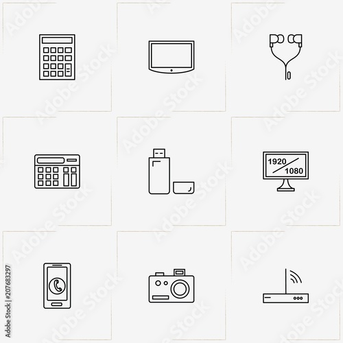 Gadgets line icon set with flash card , television and photo camera
