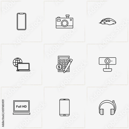 Gadgets line icon set with smart phone, web camera  and photo camera