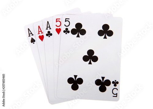 Playing cards, Full House. Three of a kind combined with a pair. Ties are broken by the three of a kind then by the highest pair if necessary. Isolated on white background. photo