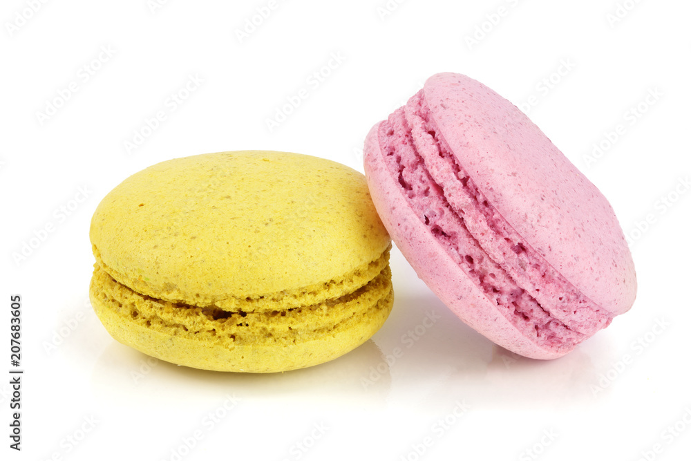 pink and yellow macaroon isolated on white background closeup pink and yellow macaroon isolated on white background closeup