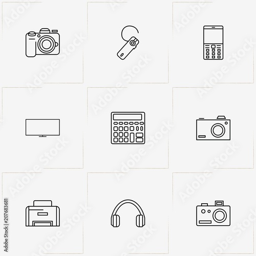 Gadgets line icon set with headphone, television and photo camera