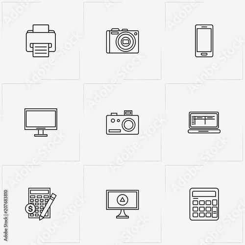 Gadgets line icon set with television, smart phone and photo camera