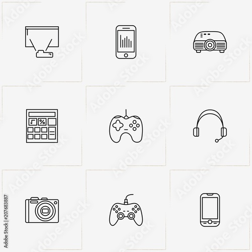 Gadgets line icon set with headphone, game joystick and photo camera