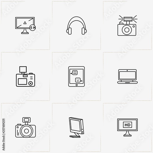 Gadgets line icon set with photo camera, laptop and television