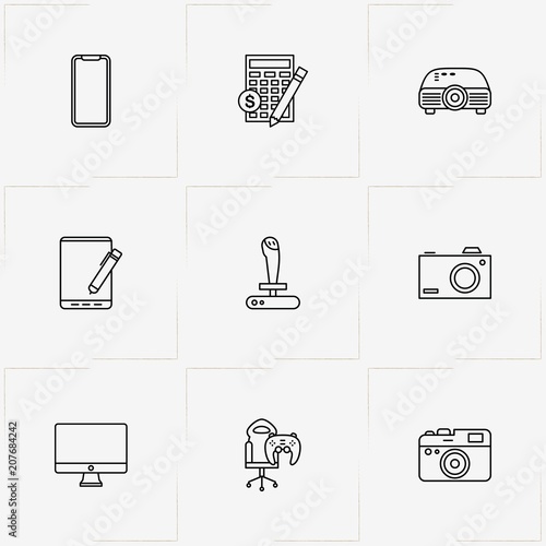 Gadgets line icon set with photo camera, computer monitor  and game joystick