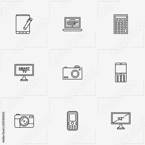 Gadgets line icon set with calculator, laptop and photo camera