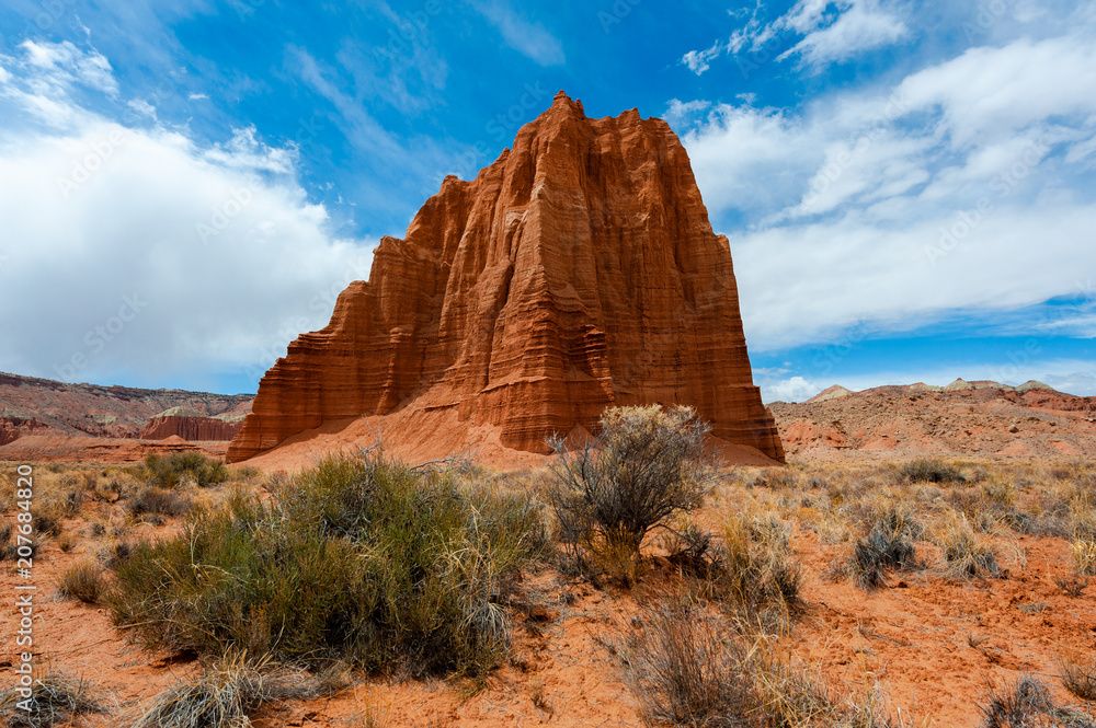 Temple of the Sun, Capitol Reef National Park, Utah. A remote, stark desert characterized by amazingly beautiful sandstone monoliths that some say resemble cathedrals.